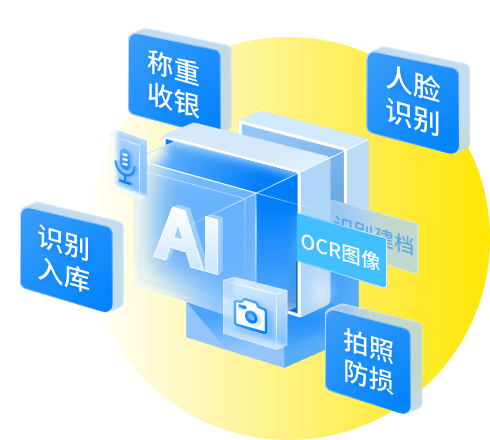 思迅商云智选 AI 智能引擎示意图，支持称重收银、人脸识别支付、OCR 商品建档、拍照防损及自动识别入库，提升零售智能化水平
